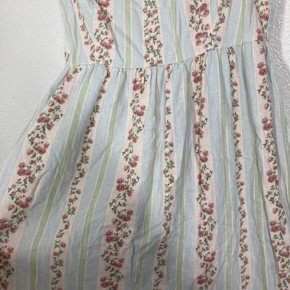 WeWoreWhat Dress Womens Large Blue Green Floral Stripe Linen Blend Midi Back Zip - Picture 4 of 16